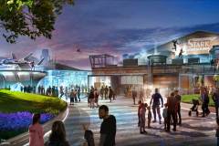 Concept Art für den Avengers Campus mit Quinjet und Marvel Helden Concept Art für den Avengers Campus mit Quinjet und Marvel Helden
