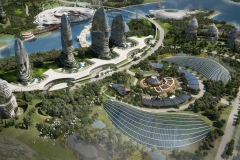 Das urbane Zentrum von Elysium City mit Wohnbezirken und Hotels