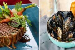 Links: Beef Wellington: Pilze, Schinken und Blätterteig mit Rotwein-Demi-Glace und Babygemüse, Rechts: Geröstete Miesmuscheln mit sautierten Tomaten, Knoblauch und frischen Kräutern