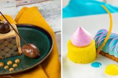 Links: Dulce Chocolate Mousse mit Schokoladencreme und dunklem Schokoladentrüffel - rechts: Orangenmousse mit Zitronenkuchen und Himbeer-Baiser