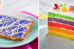 Rechts: Pop’t Art: Zuckerguß-Cookie mit Heidelbeerfüllung - links: Regenbogen Kuchen mit gefriergetrockneten SKITTLES-Bonbons