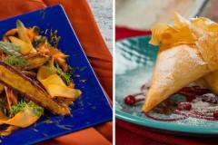 Links: Dreierlei von der Karotte: Mit Chermoula gewürzte gegrillte Karotten, eingelegte Karotten und Karotten-Ingwer-Püree - rechts: Hausgemachte Mandel Knusper-Taschen mit Granatapfel aus weißer Schokolade und Orange aus Vollmilchschokolade