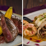 Bone-In Ribeye mit Hibiskus und Fregula / Hummerspiess mit roten Shrimps, Tintenfisch und Parfümreis