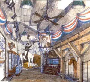 Concept Art zur Buffalo Bills Show, die den Eingangsbereich der Pre-Show-Area zeigt