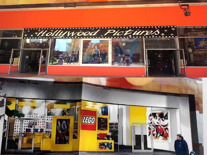 Das frühere Hollywood Pictures und der kommende Lego Store im Vergleich