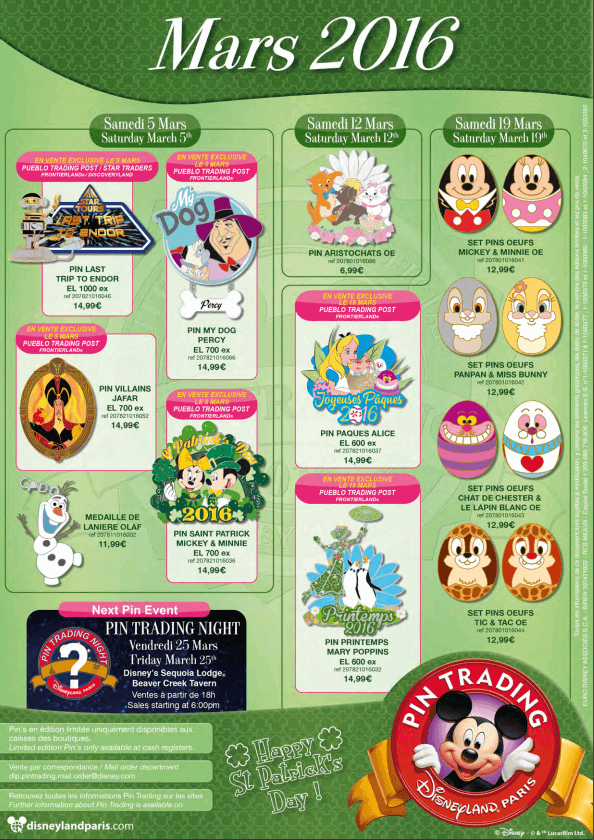 Die Pins, die im März 2016 im Disneyland Paris Pin Trading erscheinen