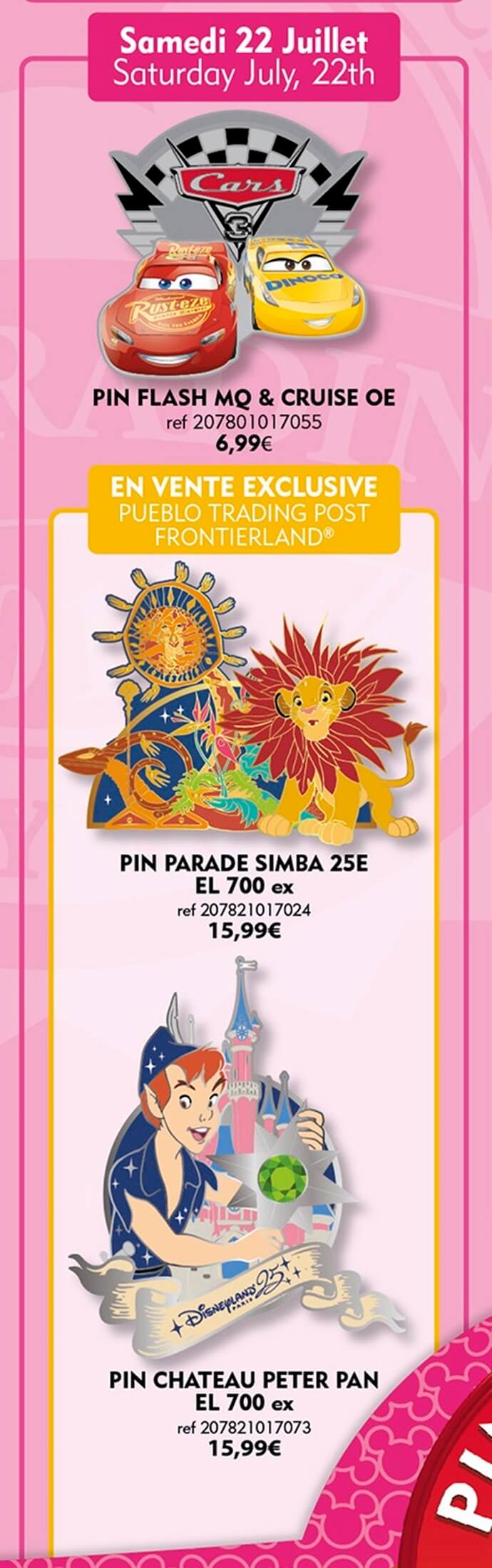 Pins mit Motiven von Cars, Lion King bei der Parade und Peter Pan