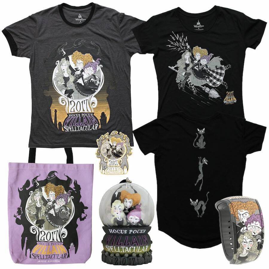 Merchandise zu den Sanderson Geschwistern aus Hocus Pocus, Shirts, Pin, Tasche, Magic Band und Schneekugel
