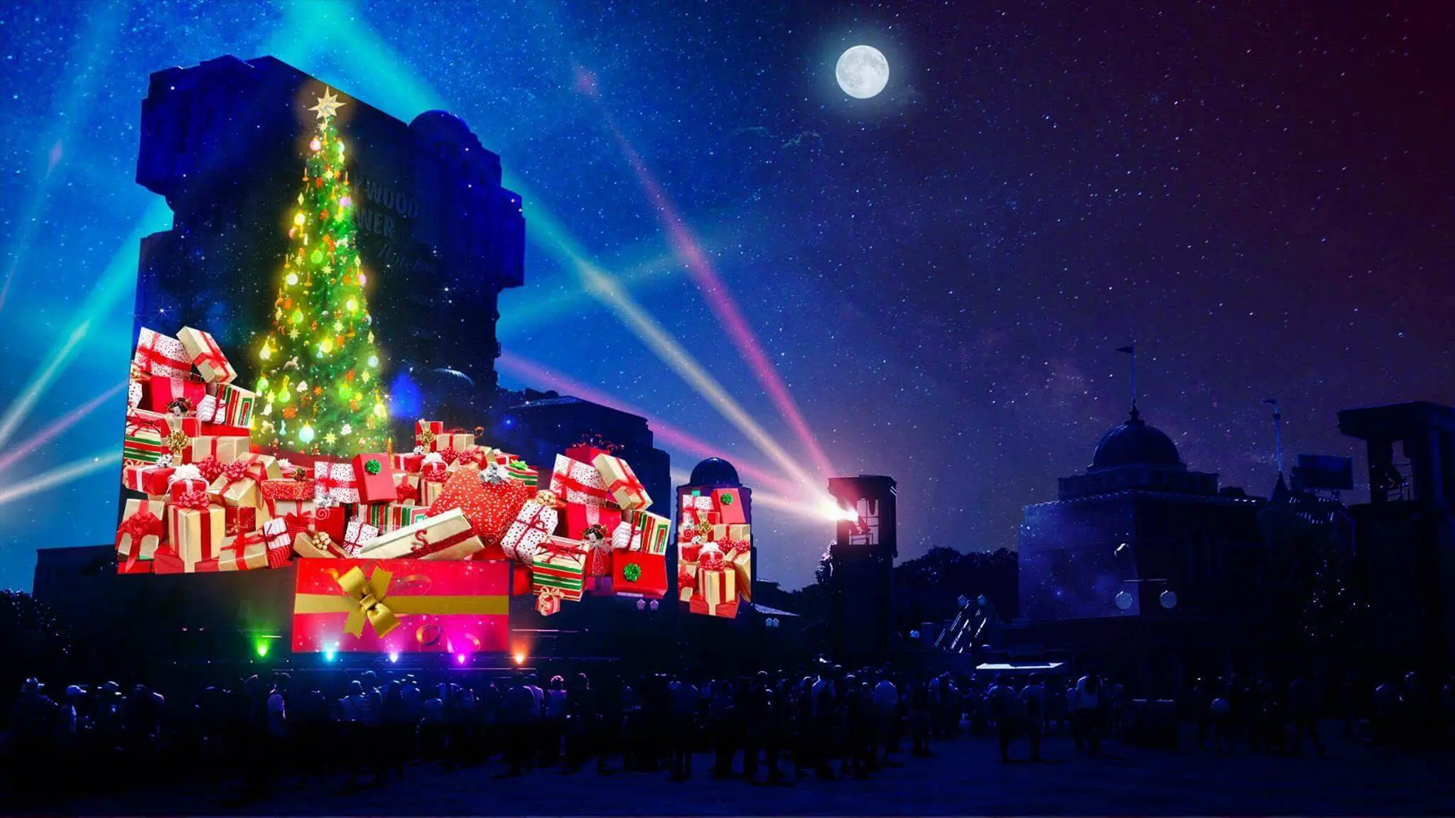 Weihnachtsprojektionsshow in den Walt Disney Studios Weihnachtsbaum und Weihnachtsgeschenke auf den Tower of Terror projeziiert