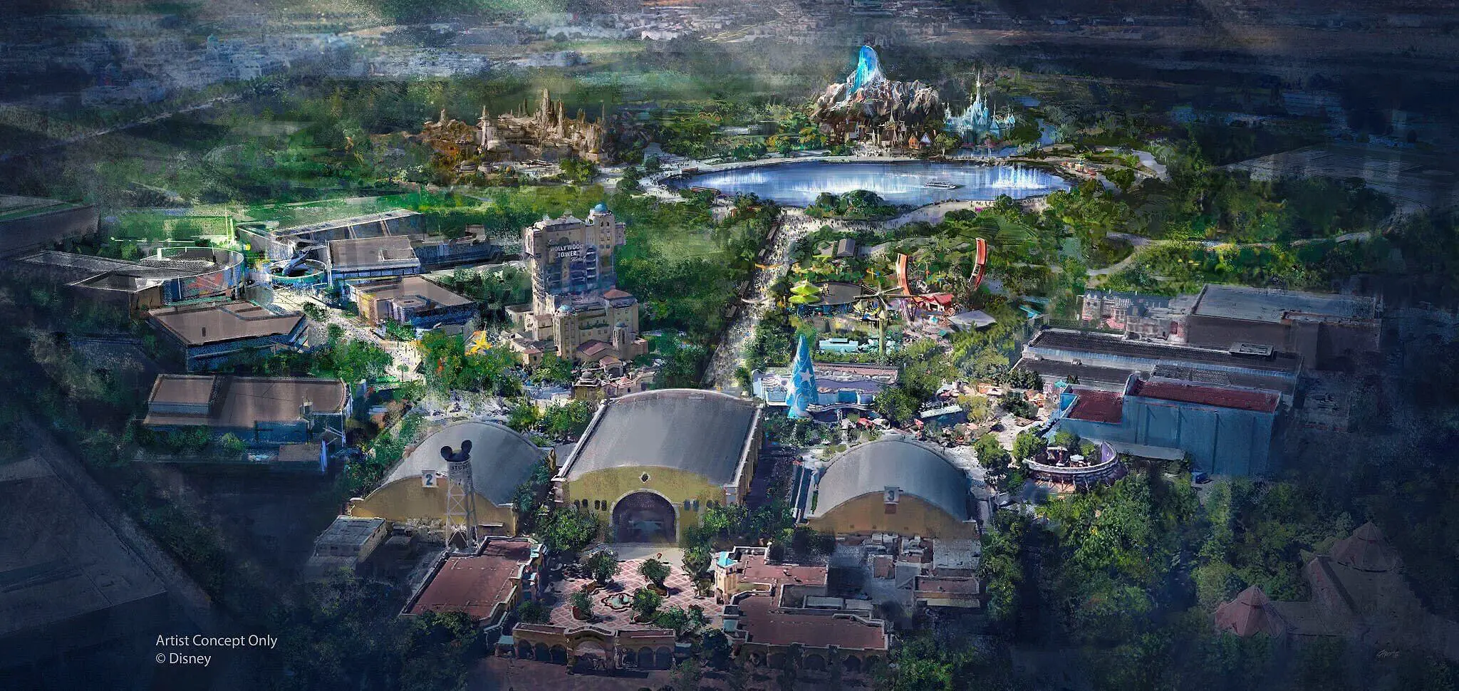 Concept Art mit den neuen Ländern für die Erweiterung der Walt Disney Studios Paris mit Star Wars Land, Marvel Land und Frozen Land