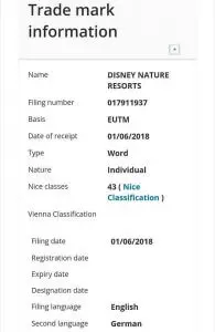 Inhalt des Markeneintrages "Disney Nature Resorts" beim Europäischen Patenamt