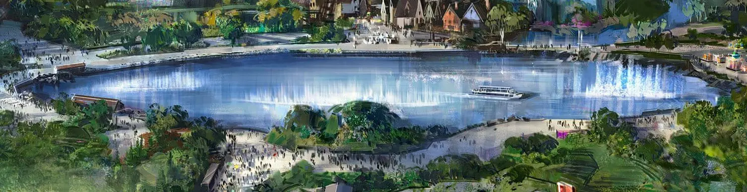 Der neue See für die Walt Disney Studios See um den in den Walt Disney Studios neue Länder und Restaurants angelegt werden (Concept Art)