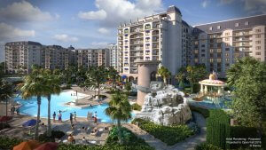 Pool und Hotellandschaft in der Konzeptzeichnung.