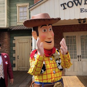 Sheriff Woody tanzt mit Gästen im Westernland von Tokio Disneyland
