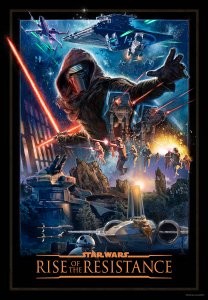 Offizielles Attraktionsposter von Rise of the Resistance mit Kylo Ren, Stormtrooper & XWing Fighter