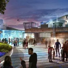 Konzeptzeichnung des Avengers Campus mit einem Gebäude von Stark Industries