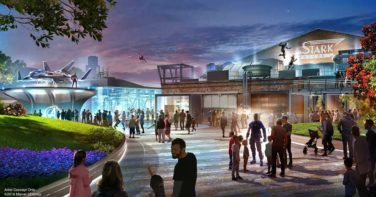 Avengers Campus Concept Art Konzeptzeichnung des Avengers Campus mit einem Stark Industriesgebäude, Spider-Man und Black Panther