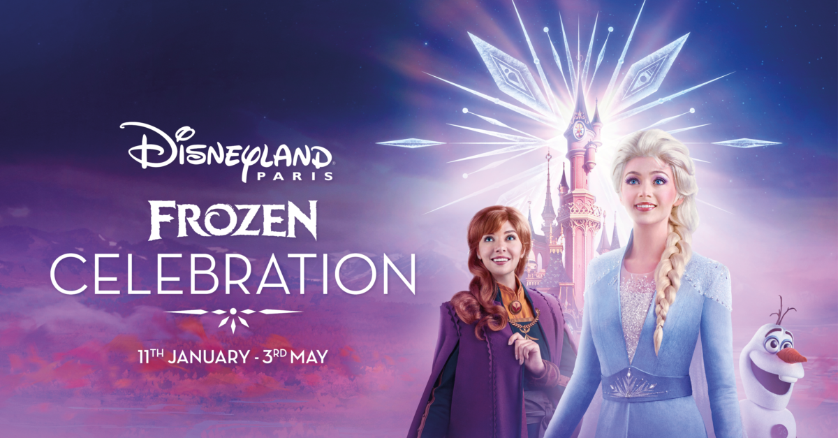 Frozen Celebration Werbegrafik Werbegrafik zur Frozen Celebration mit Anna, Elsa und Olaf vor Dornröschenschloss