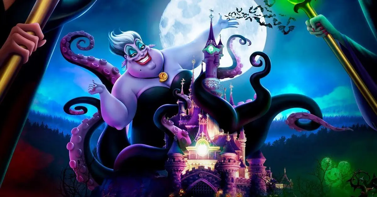 Werbeplakat zu Halloween Grafik mit Ursula vor dem Dornröschenschloss im Disneyland Paris