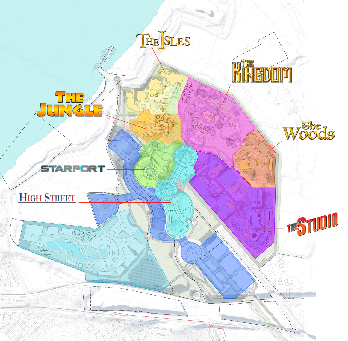 Resort-Plan Konzeptgrafik für "The London Resort" mit sechs verschiedenen Themenbereichen