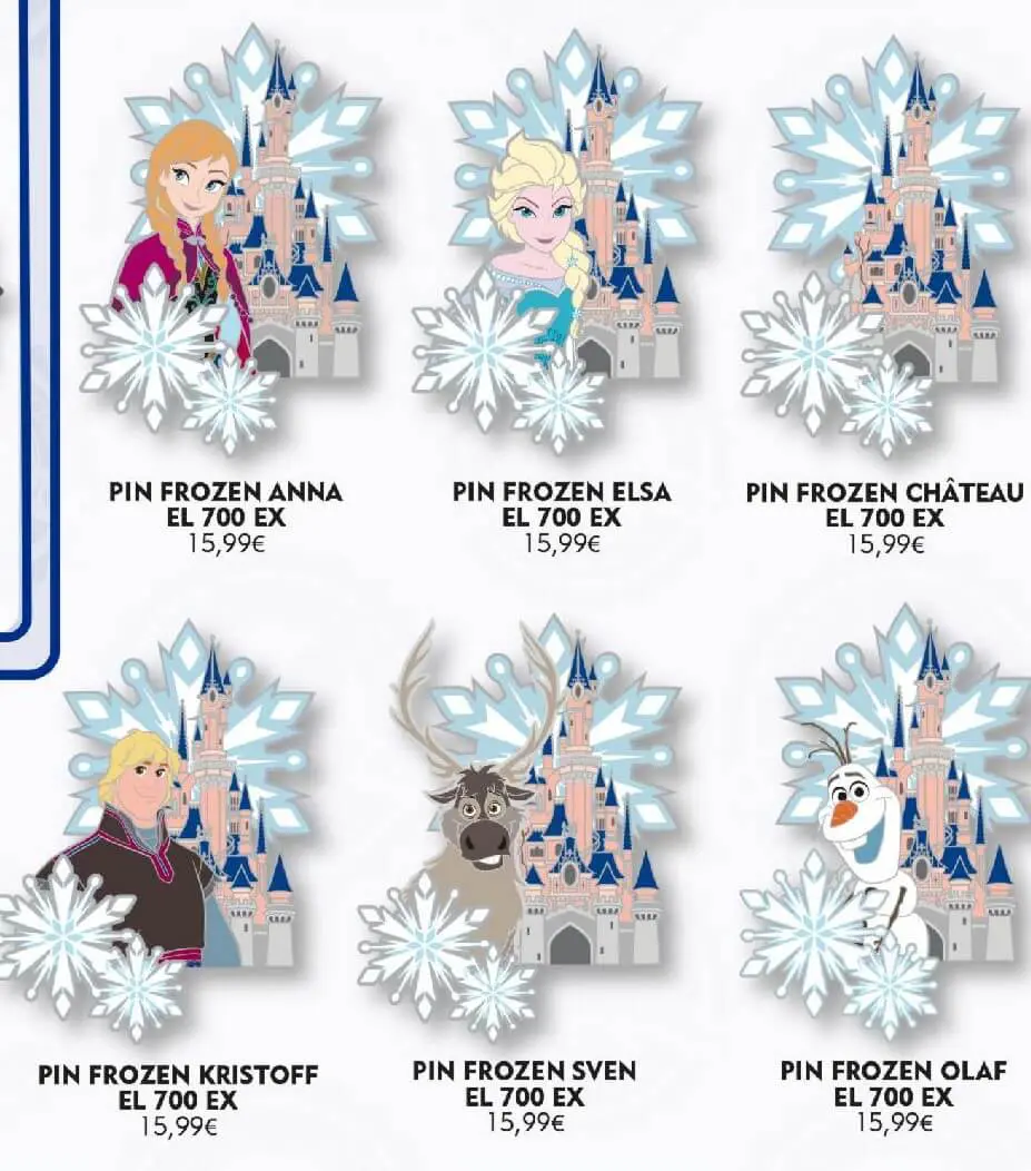 Frozen Pins Sechs Pins zum Film "Die Eiskönigin" auf denen jeweils eine Figur aus dem Film, das Schloss aus Disneyland Paris und Schneekristalle zu sehen sind