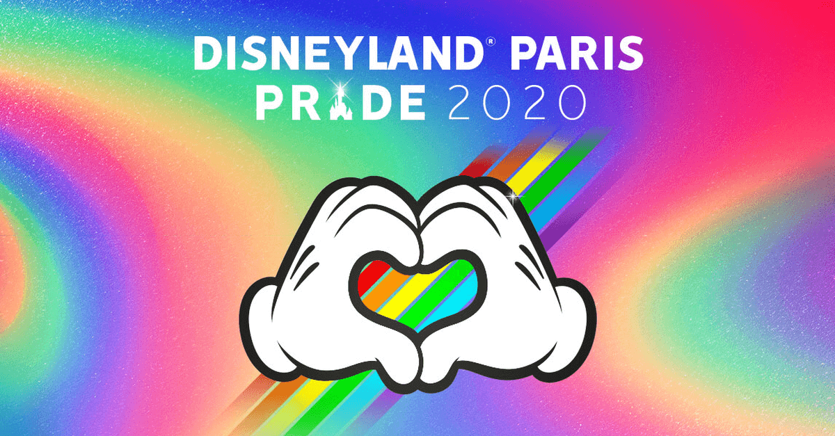 Disneyland Paris Pride Event Mickeys Hände zu einem Herz geformt vor einem Regenbogen