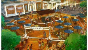 Diese Konzeptzeichnung zeigt das neu entstehende Regal Eagle Smokehouse im amerikanischen Pavillon in Epcot von oben