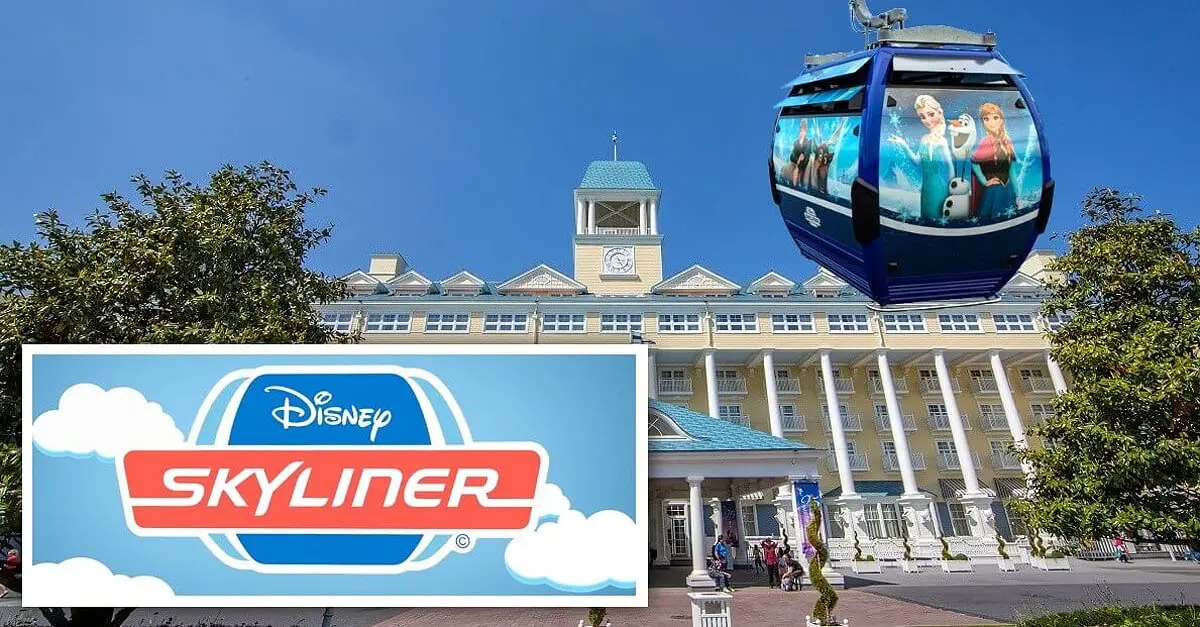 Disney Skyliner Beispielbild einer Skyliner Gondel vor dem Newport Bay Club (Disneyland Paris) auf der Line Chip & Dale