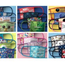 Collage aus sechs Bilder, die Gesichtsmasken mit Disney Motiven zeigen