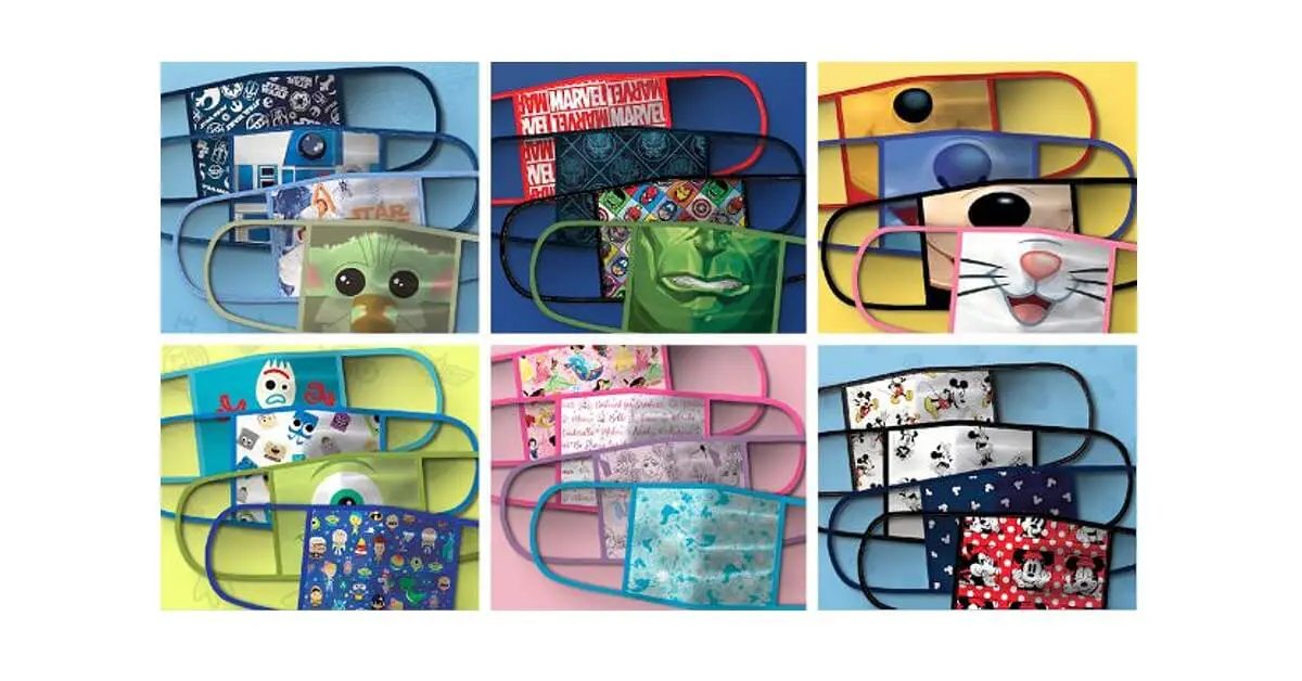 Disney Gesichtsmasken Collage aus sechs Bilder, die Gesichtsmasken mit Disney Motiven zeigen