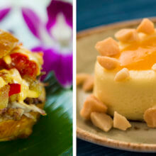 Zwei Bilder zeigen einen kleinen hawaiianischen Hamburger und ein fruchtiges Dessert beim Epcot Food and Wine Festival