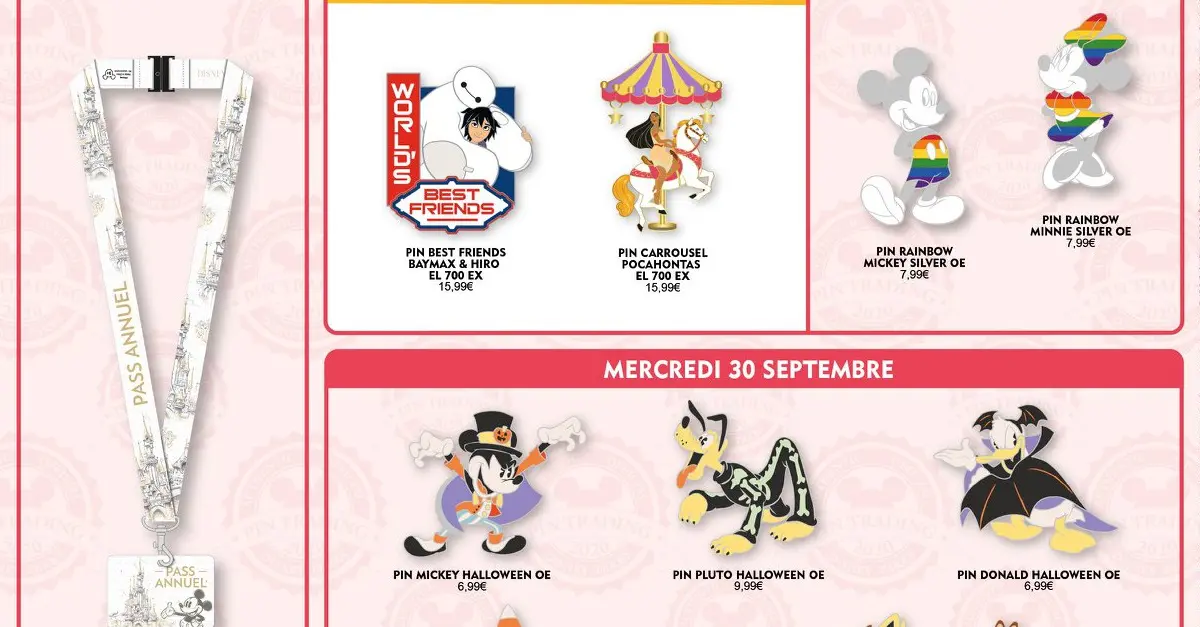 Grafik mit verschiedenen Pins mit Disney Motiven und einem Lanyard mit der Aufschrift Pass Annuel