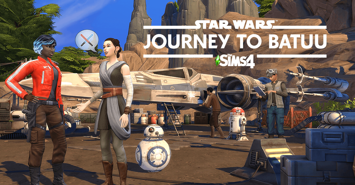 The Sims4 Journey to Batu Rey steht mit BB8 vor einem X-Wing - Szene aus The Sims4 Journey to Batu