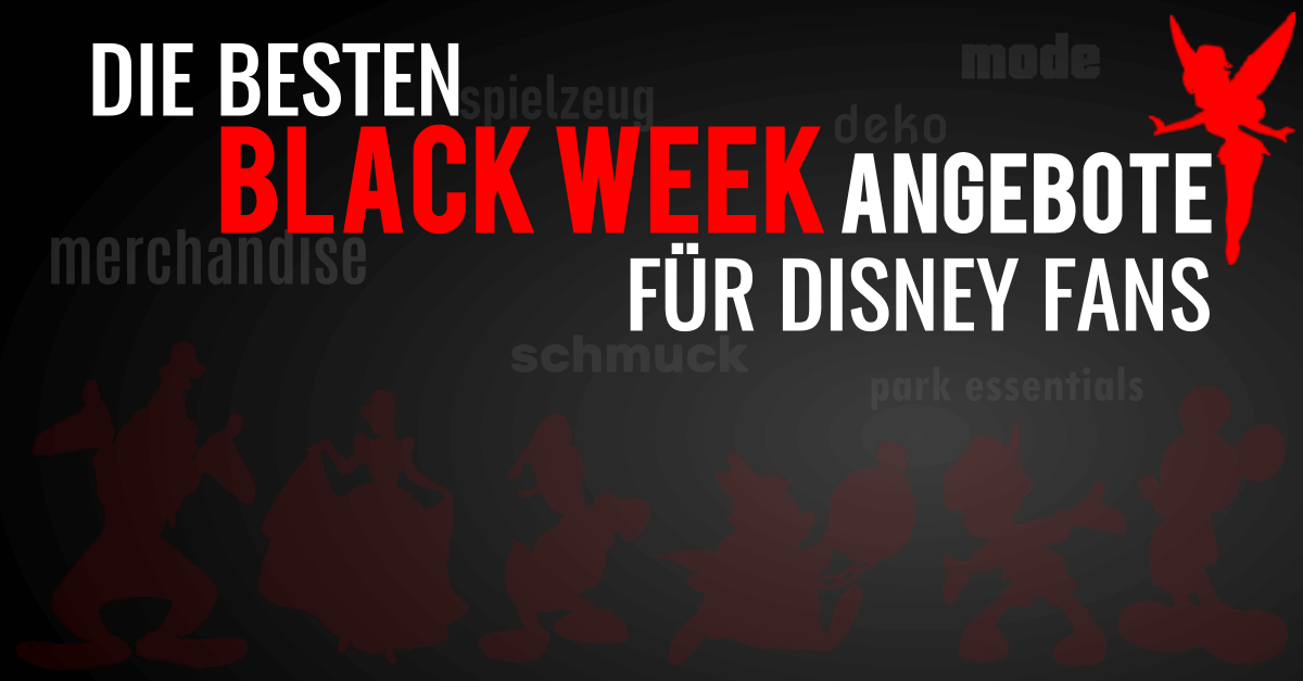 Tinkerbell auf schwarzem Hintergrund mit der Schrift "Die besten Black Week Angebote für Disney Fans"