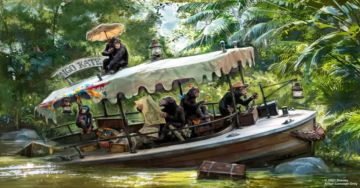 Jungle Cruise Konzeptzeichnung Boot Kongo Kate mit einer Horde Schimpansen bei der Jungle Cruise