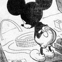 Eine Zeichnung im Karikatur-Stil zeigt Mickey Mouse, wie er einen Blick auf St. Louis wirft