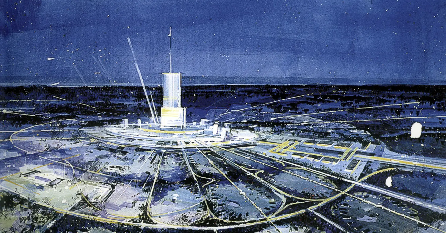 Konzeptzeichnung für E.P.C.O.T. Eine Konzeptzeichnung in Blautönen zeigt die ursprüngliche Idee für Epcot