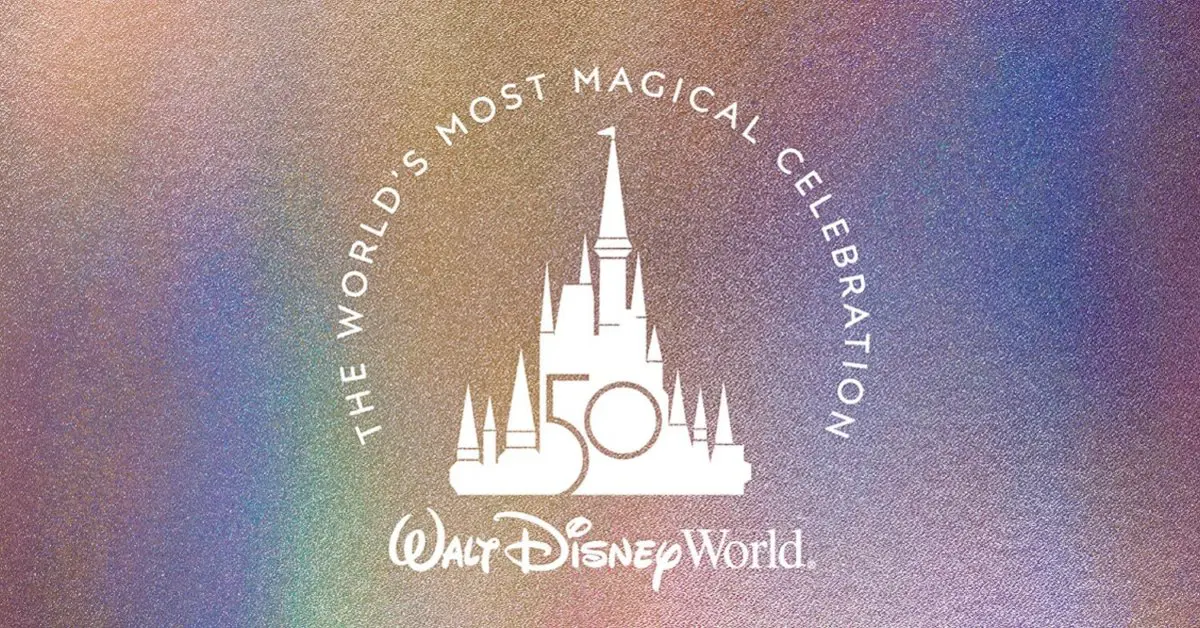 Walt Disney World Logo 50. Geburtstag Logo des Cinderella Castle in Walt Disney World vor schillerndem Hintergrund