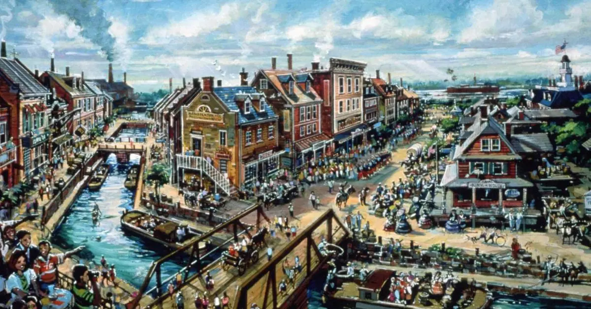 Disney's America Konzeptzeichnung Eine Konzeptzeichnung zeigt Teile des nie gebauten Disney Parks mit dem Namen Disney's America