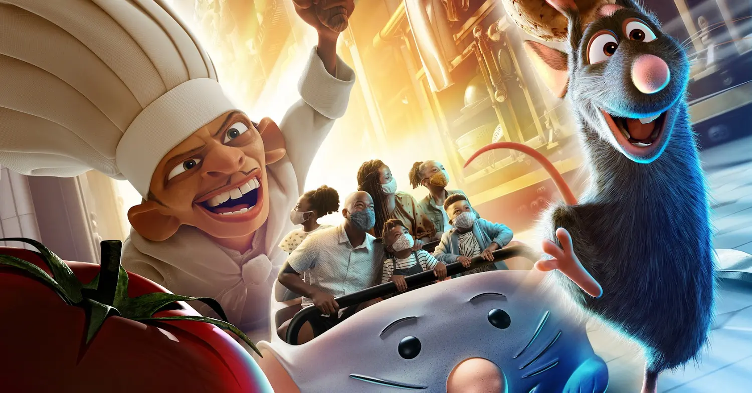 Ratatouille Werbeplakat Die Grafik zeigt wie es in der Ratatouille-Attraktion zu geht. In einem Rattenwagen fahrt Ihr durch die übergroße Küche und erlebt, wie Rémy von Chefkoch Skinner verfolgt wird.