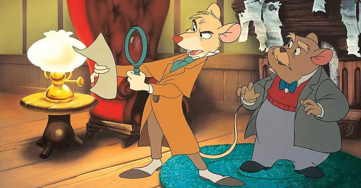 Basil, der große Mäusedetektiv und Dr. Wasdenn betrachten einen Hinweis durch eine Lupe