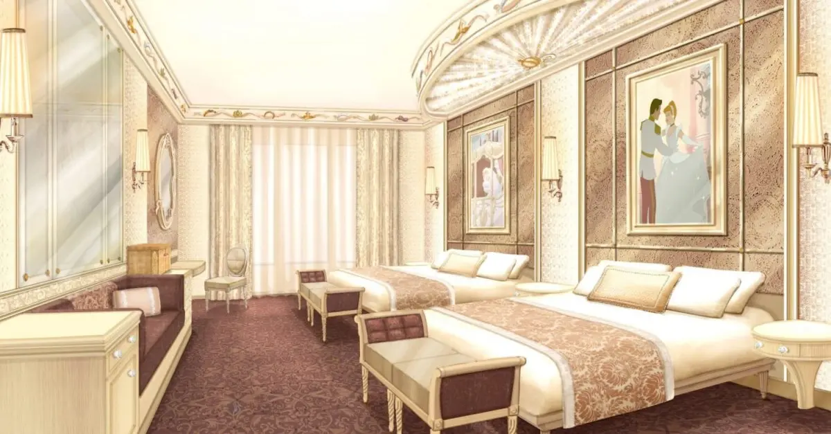 Konzeptzeichnung Disneyland Hotel Zimmer Konzeptzeichnung eines Hotelzimmers mit zwei Doppelbetten einem Sofa und Prinzessinnen-Deko