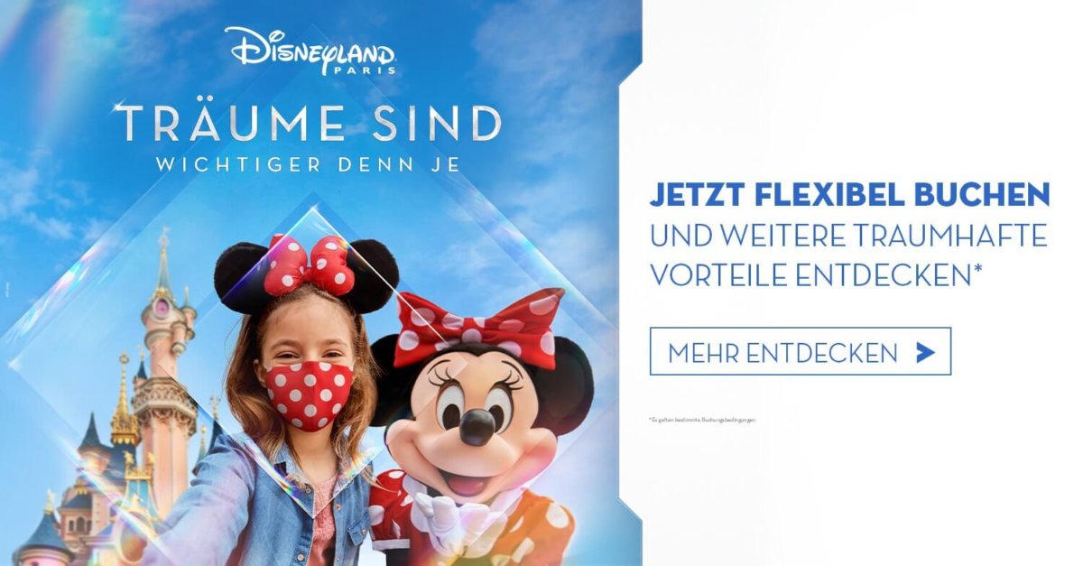 Disneyland Paris Werbung Werbegrafik für Disneyland Paris: Minnie Mouse und ein kleines Mädchen vor dem Dornröschenschloss