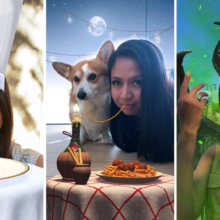 Bilder von drei jungen Frauen demonstrieren, wie Fotos durch Augmented Reality Lenses mit Disney-Elementen aufgehübscht werden können