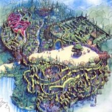 Konzeptzeichnung für ein großes Labyrinth namens 'Unicorn's Lair'
