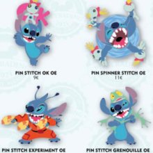 Vier Pins mit verschiedenen Darstellungen von Stitch