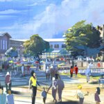 Konzeptzeichnung für das Disney Village mit zahlreichen Gästen, die vor Gebäuden flanieren