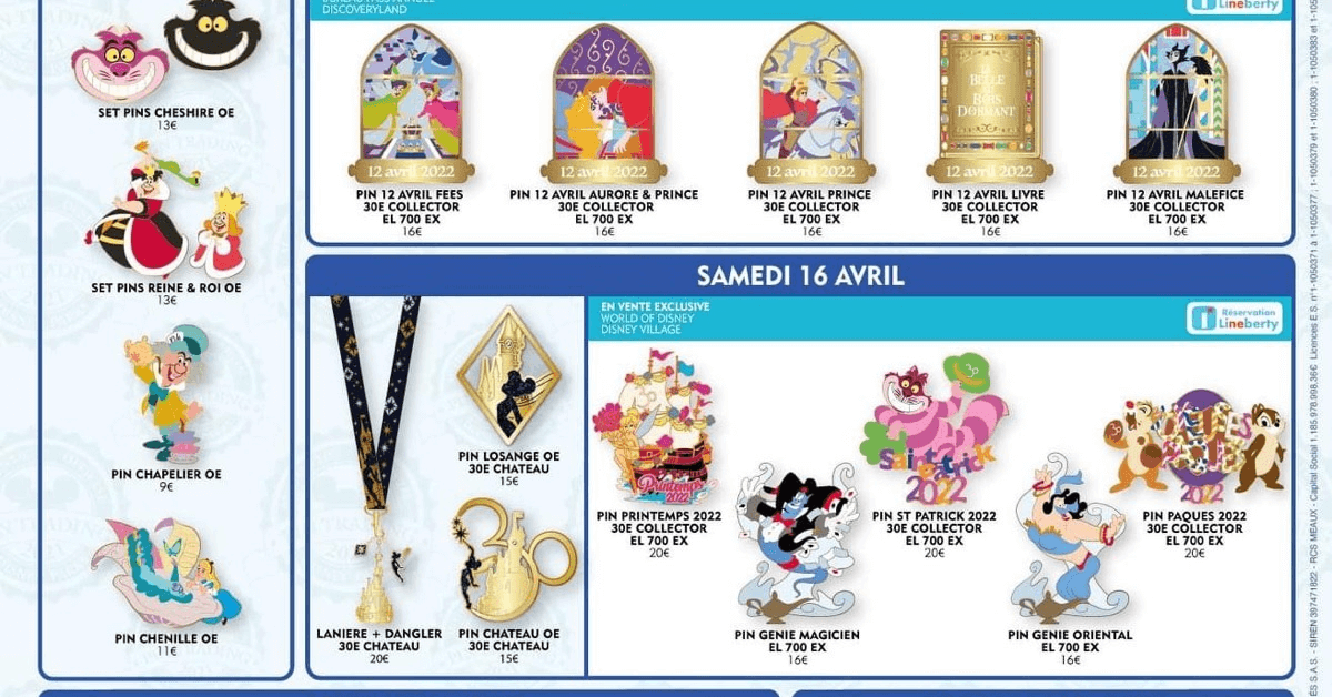 Ausschnitt aus einer Grafik mit Abbildungen mehrerer neuer Pins für das Disneyland Paris