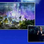 Josh D’Amaro neben dem DCA Concept-Art auf der D23 Expo 2022