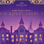 Eine Werbegrafik zum Übernachten im Disneyland Hotel zeigt das Hotel vor einem lilafarbenen Hintergrund